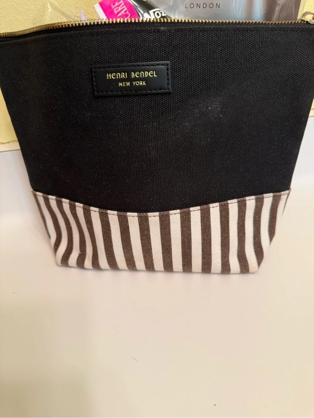 henri bendel Black and White Striped Cosmetic Pouch with Bath/Body/Nail set